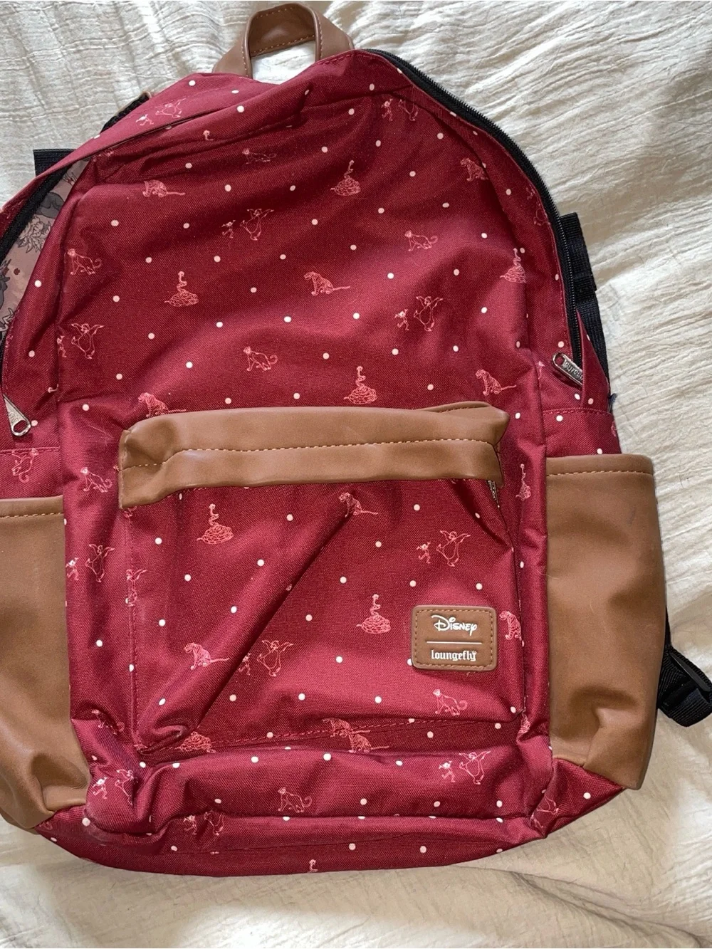 Loungefly Burgundy Polka Dot Jungle Book Backpack with Brown Trim